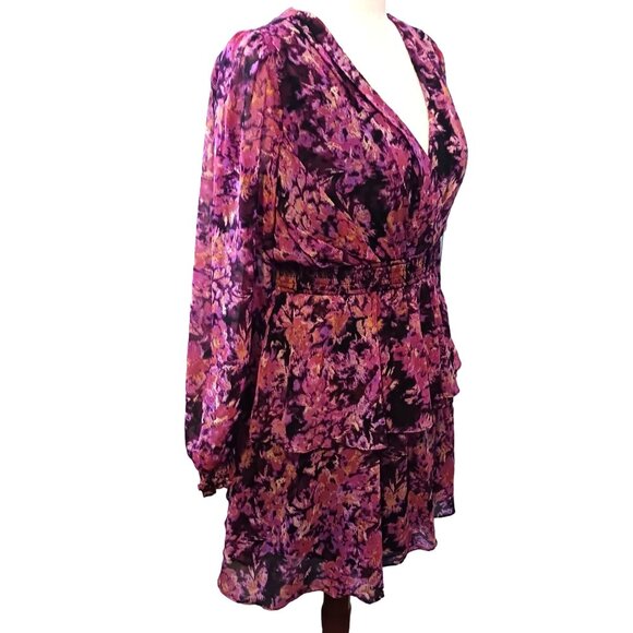 NEW VERO‎ MODA Britt Ruffle Long Sleeve Dress in Black/Purple Multi, Size M - Picture 7 of 14